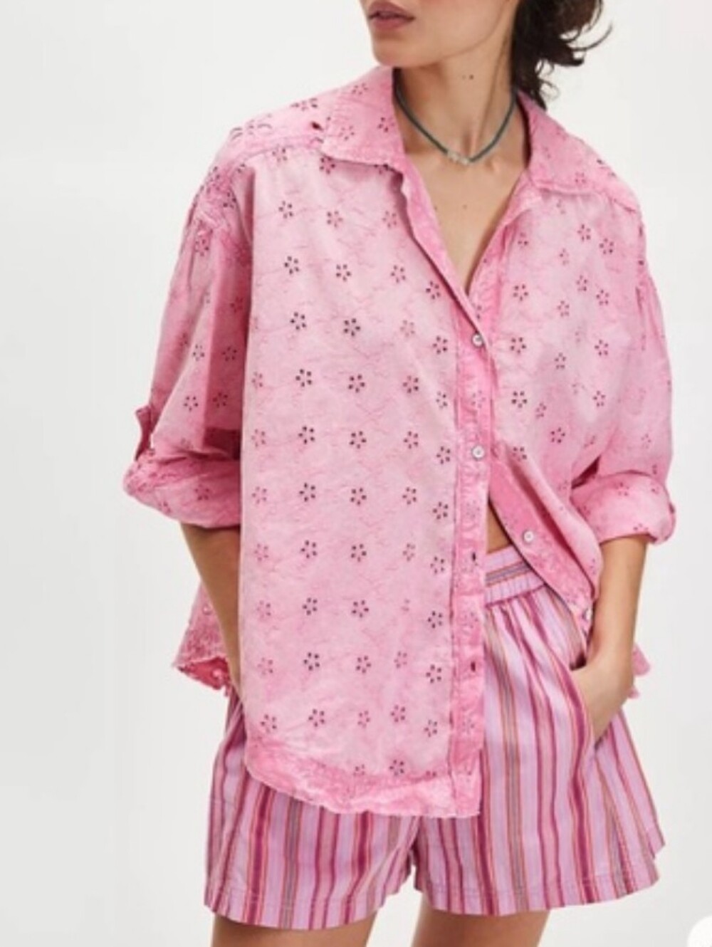 Free People NWOT Mae Eyelet Washed Button Up Blouse in Pink